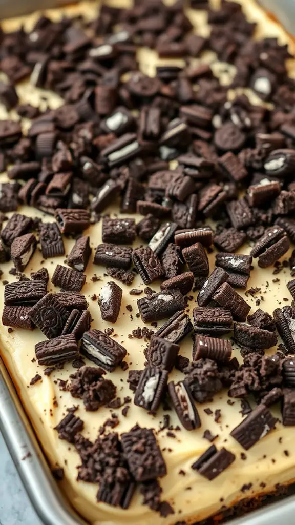 Delicious Oreo cheesecake topped with crushed Oreos