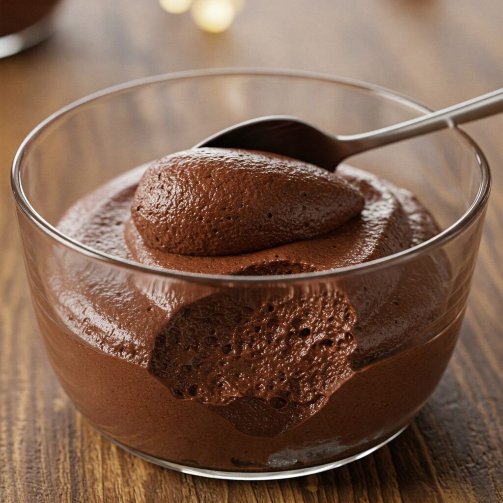 2-Ingredient chocolate mousse in a glass bowl, with a spoon resting on the rim.