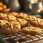 Freshly baked almond butter cookies, stacked on a cooling rack. Soft, golden cookies with a slight crisp on the edges.
