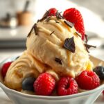 3 ingredient banana ice cream in a white bowl topped with assorted berries and chocolate shavings.