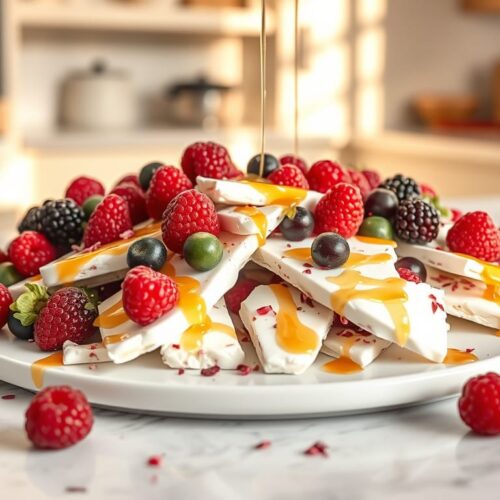 3 Ingredient Frozen Yogurt Bark on a tray, drizzled with honey and topped with assorted berries.