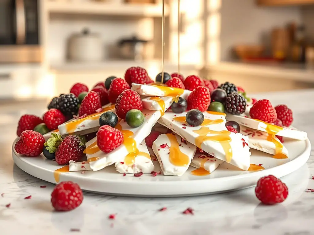 3 Ingredient Frozen Yogurt Bark on a tray, drizzled with honey and topped with assorted berries.