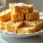 3 Ingredient Rice Krispies Treats stacked on an elegant plate.