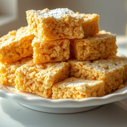 3 Ingredient Rice Krispies Treats stacked on an elegant plate.