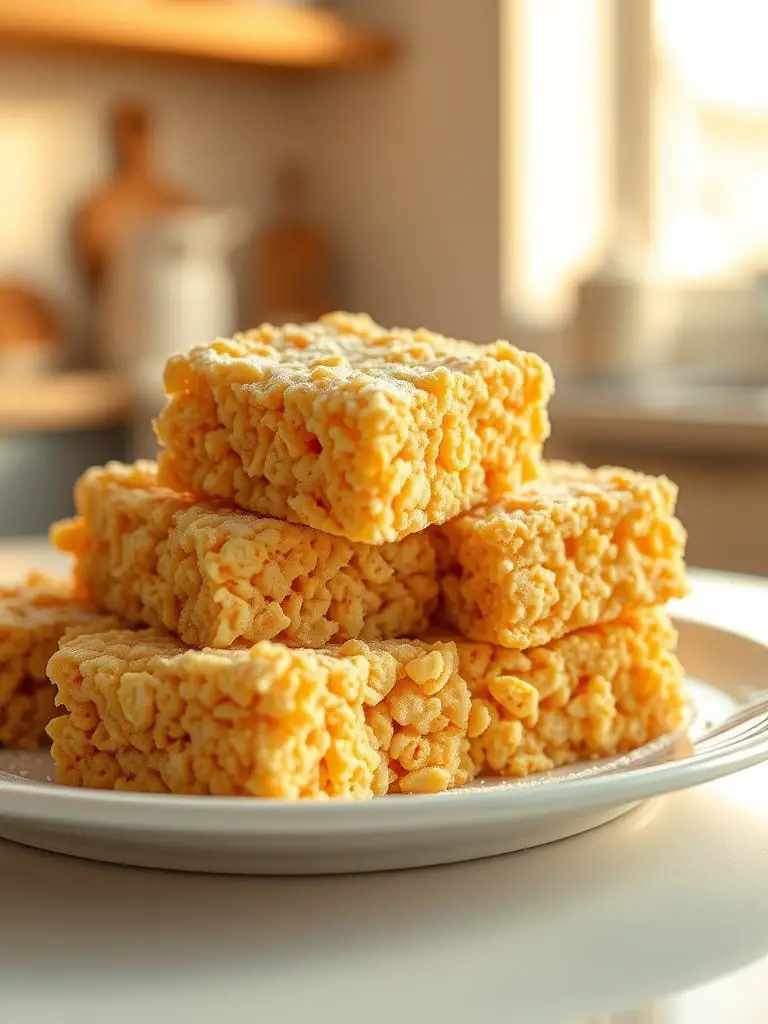 3 Ingredient Rice Krispies Treats stacked on an white plate.
