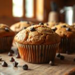 Freshly baked banana muffins with a cracked top, golden brown crust, and a few chocolate chips.