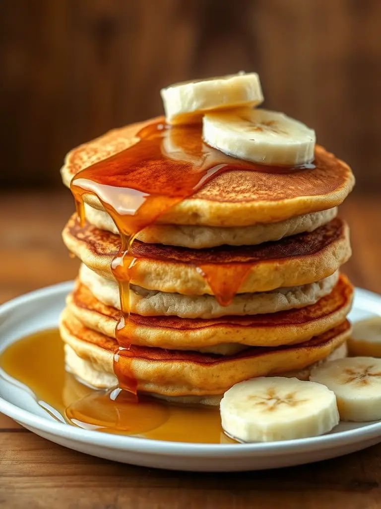 Delicious stack of banana pancakes, dripping with syrup and topped with banana slices.