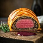 A perfectly baked Beef Wellington with a golden, flaky puff pastry crust. Tender, medium-rare beef tenderloin surrounded by a layer of savory mushroom duxelles and prosciutto.