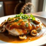 Chicken Marsala, showing tender chicken covered in a rich, velvety Marsala wine sauce with sliced cremini mushrooms.