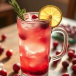 Cranberry Moscow Mule in a glass mug garnished with lemon.