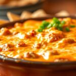 Close-up of a Creamy Buffalo Chicken Dip in a rustic bowl.