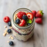 Easy Overnight Oats in a mason jar, covered with assorted berries.