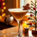 Gingerbread Martini in a chilled martini glass, with a gingerbread cookie on the rim. The drink has a rich, creamy color with a frothy top.