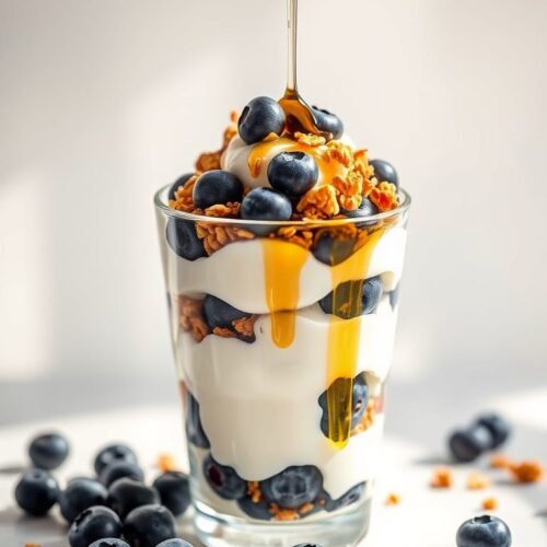 Greek Yogurt Parfait with blueberries in a glass.
