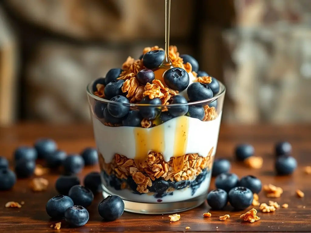Greek Yogurt Parfait with blueberries in a glass.