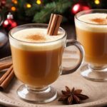 A warm, creamy Hot Buttered Rum cocktail in a glass mug, garnished with a cinnamon stick and star anise.