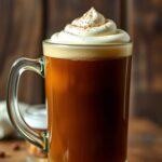 Irish coffee in a glass mug garnished with whipped cream.