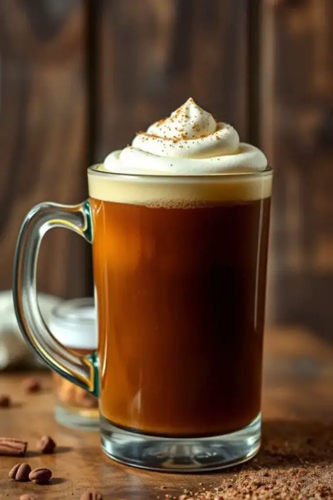Irish coffee in a glass mug garnished with whipped cream.