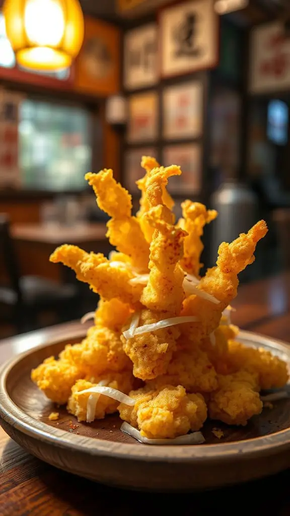 Japanese Tempura stacked in a tower on a rustic plate.