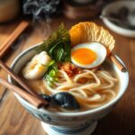 A bowl of Japanese udon noodles in a rich dashi broth, garnished with green onions, sliced kamaboko fish cake, and nori seaweed strips.