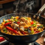 A sizzling wok filled with Japanese Yakisoba noodles stir-fried with colorful vegetables and slices of chicken, garnished with sesame seeds, pickled ginger, and dried seaweed flakes.