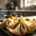 Japanese gyoza garnished with chopped chives and a small bowl of dipping sauce on the side.