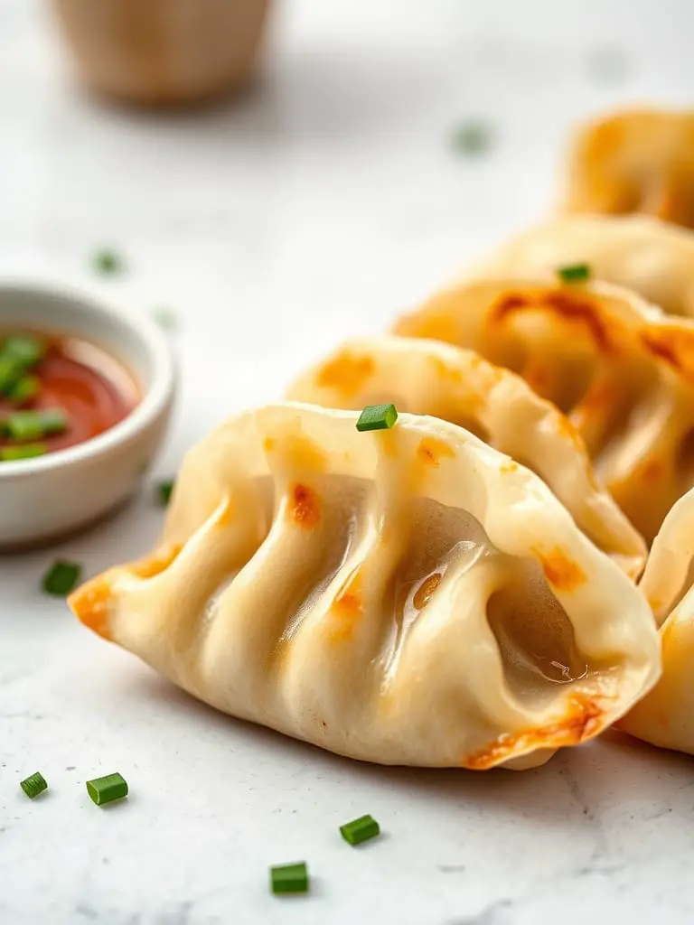 Japanese gyoza garnished with chopped chives and a small bowl of dipping sauce on the side.