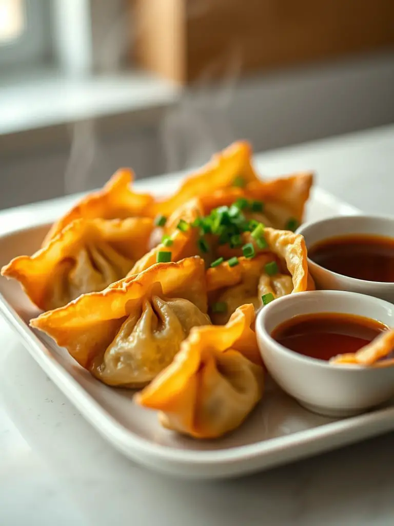 Japanese gyoza garnished with chopped chives and a small bowl of dipping sauce on the side.