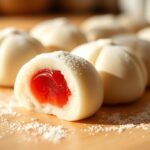Japanese mochi dusted with cornstarch, filled with glossy red bean paste, on a rustic wooden board.
