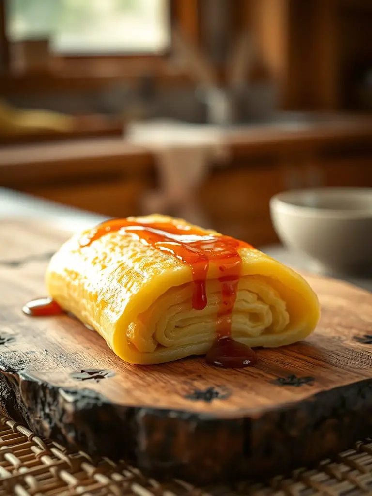 golden, fluffy Japanese tamagoyaki (rolled omelette), drizzled with a glossy sheen, on a rustic wooden board.