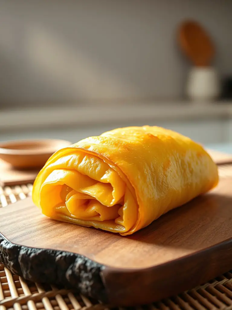 Japanese tamagoyaki (rolled omelette), drizzled with a glossy sheen, on a rustic wooden board.