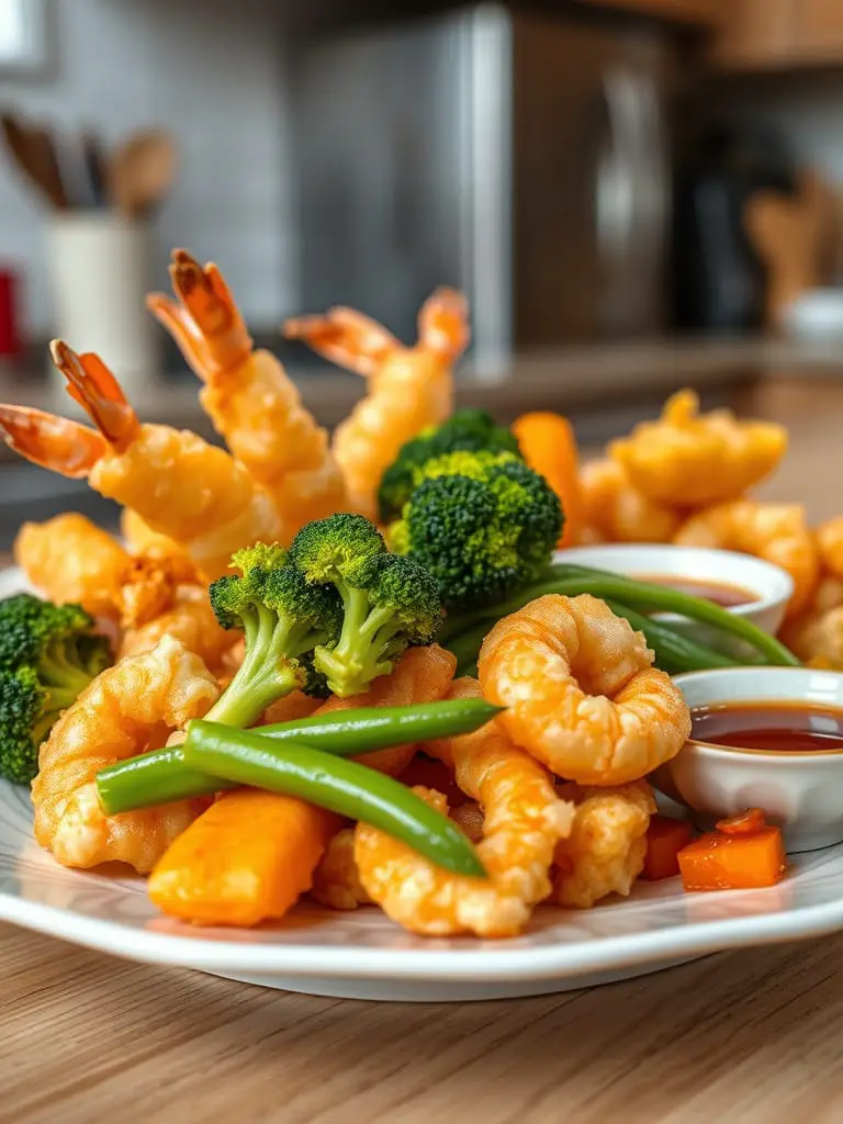 Perfectly cooked Japanese tempura platter arranged beautifully on a plate, featuring a mix of golden-brown crispy shrimp tempura and a colorful selection of vegetables.