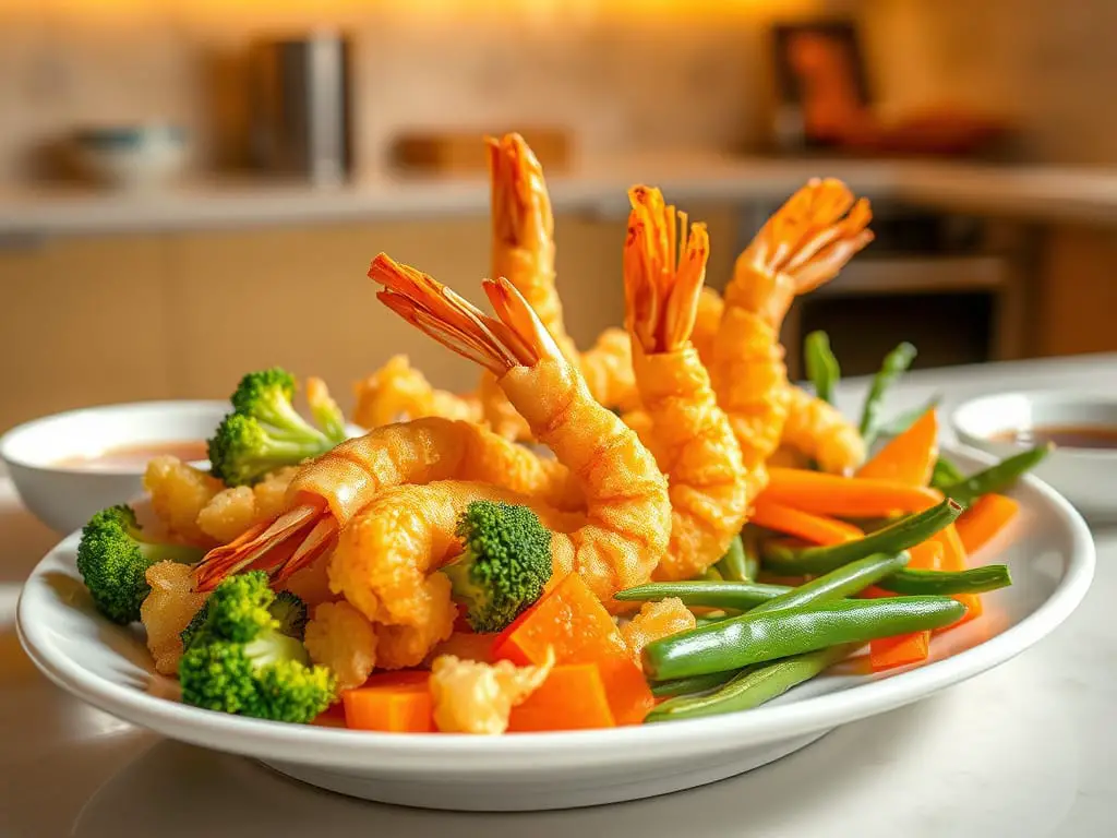 Perfectly cooked Japanese tempura platter arranged beautifully on a plate, featuring a mix of golden-brown crispy shrimp tempura and a colorful selection of vegetables.