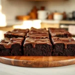 Delicious Nutella Brownies cut into squares arranged on a rustic cutting board.