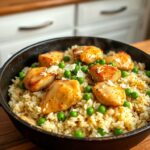 One-Pot Chicken and Rice. Tender golden-brown chicken pieces rest on a bed of fluffy, perfectly cooked rice infused with aromatic herbs and spices.