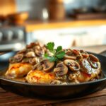 Pan-Seared Chicken Breasts with Mushrooms and Cream Sauce, garnished with fresh parsley.