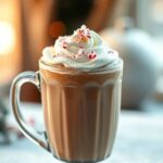 Peppermint Mocha in a clear mug topped with whipped cream and crushed candy canes.