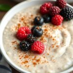 A bowl of Quinoa Pudding topped with berries.