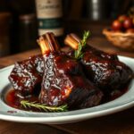 Red wine braised ribs, glistening with a rich red wine reduction sauce, garnished with a sprig of rosemary.