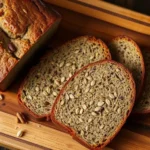 A Vegan banana bread loaf sprinkled with seeds.