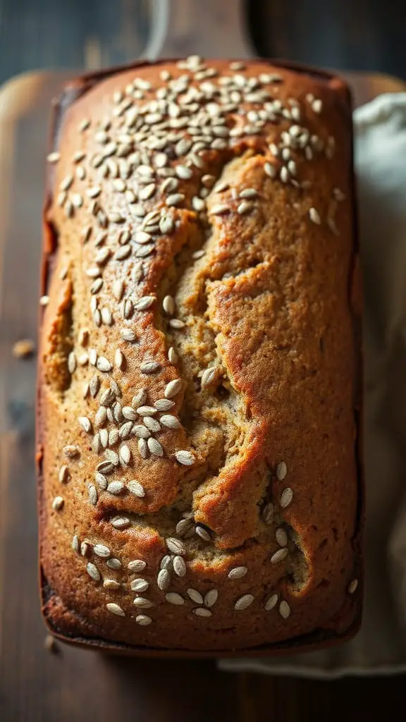 A Vegan banana bread loaf sprinkled with seeds.