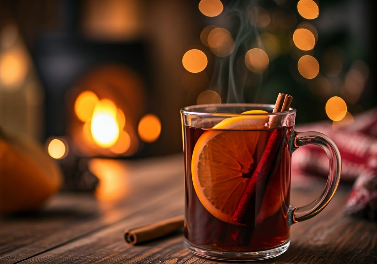 A clear glass mug filled with the golden brown wassail beverage. The drink is garnished with a cinnamon stick, and a sliced orange.