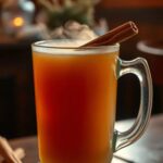 Glass mug filled with the golden brown wassail beverage. The drink is garnished with a cinnamon stick.