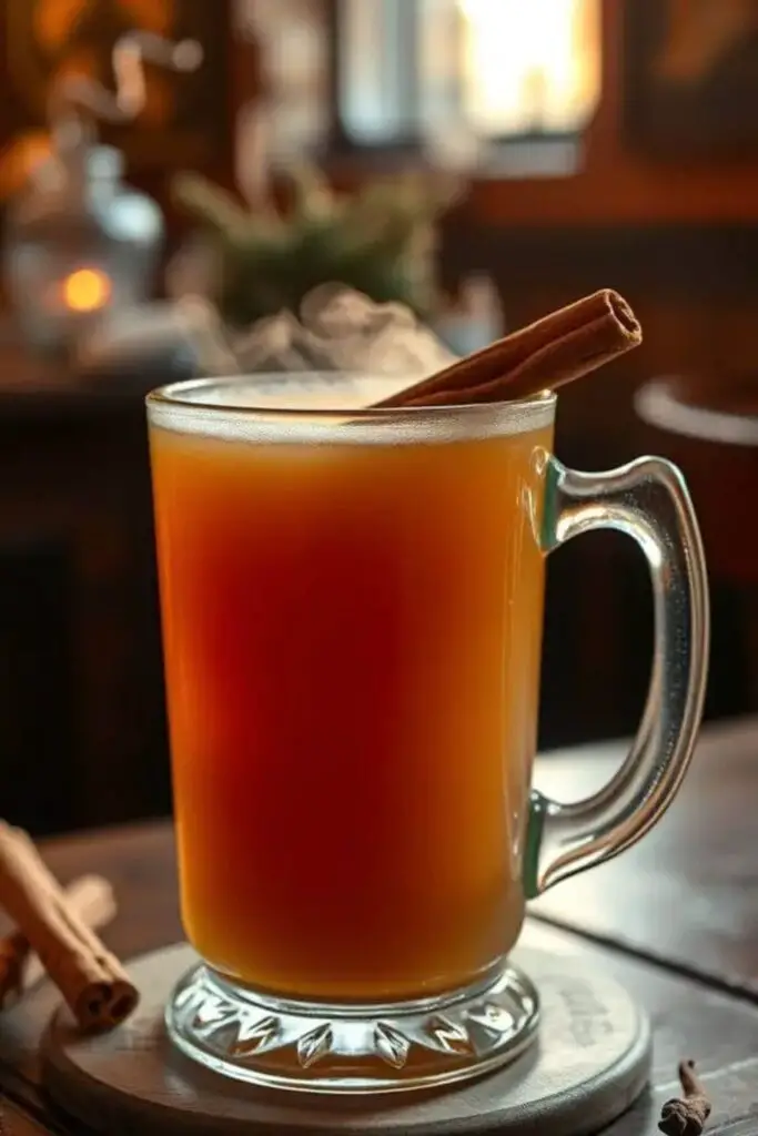 Glass mug filled with the golden brown wassail beverage. The drink is garnished with a cinnamon stick.