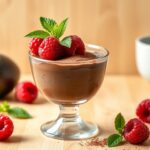 Avocado chocolate mousse garnished with fresh raspberries and a sprig of mint.