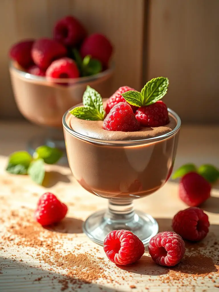 Avocado chocolate mousse garnished with fresh raspberries and a sprig of mint.