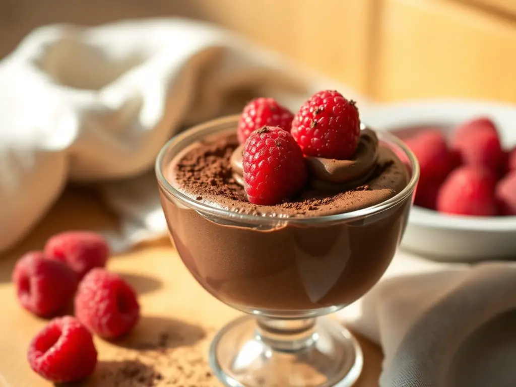 Avocado chocolate mousse garnished with fresh raspberries and a sprig of mint.