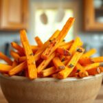 Baked sweet potato fries served in a rustic bowl, lightly sprinkled with seasoning.