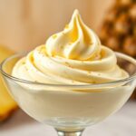 Creamy 3 ingredient pineapple whip swirled in a glass bowl. Pineapple in the background.