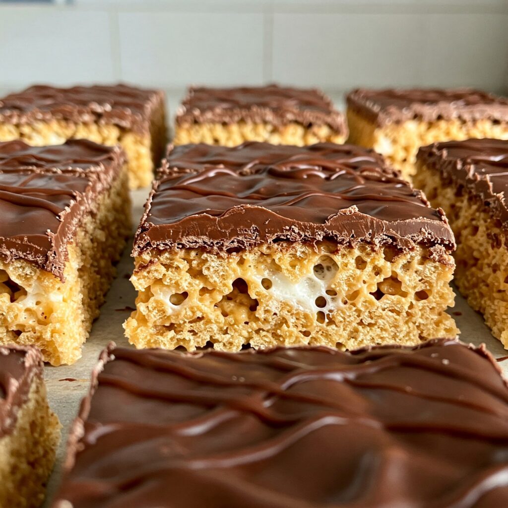 3 Ingredient Rice Krispies Treats covered in chocolate.